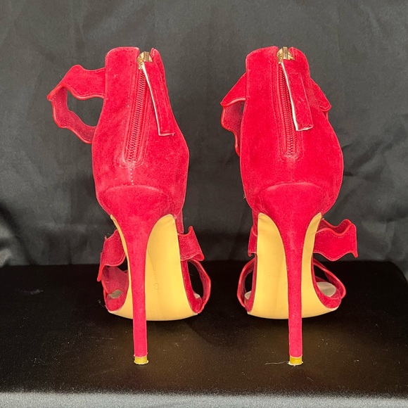 Red Suede 3 Strap Heels - Picture 3 of 6